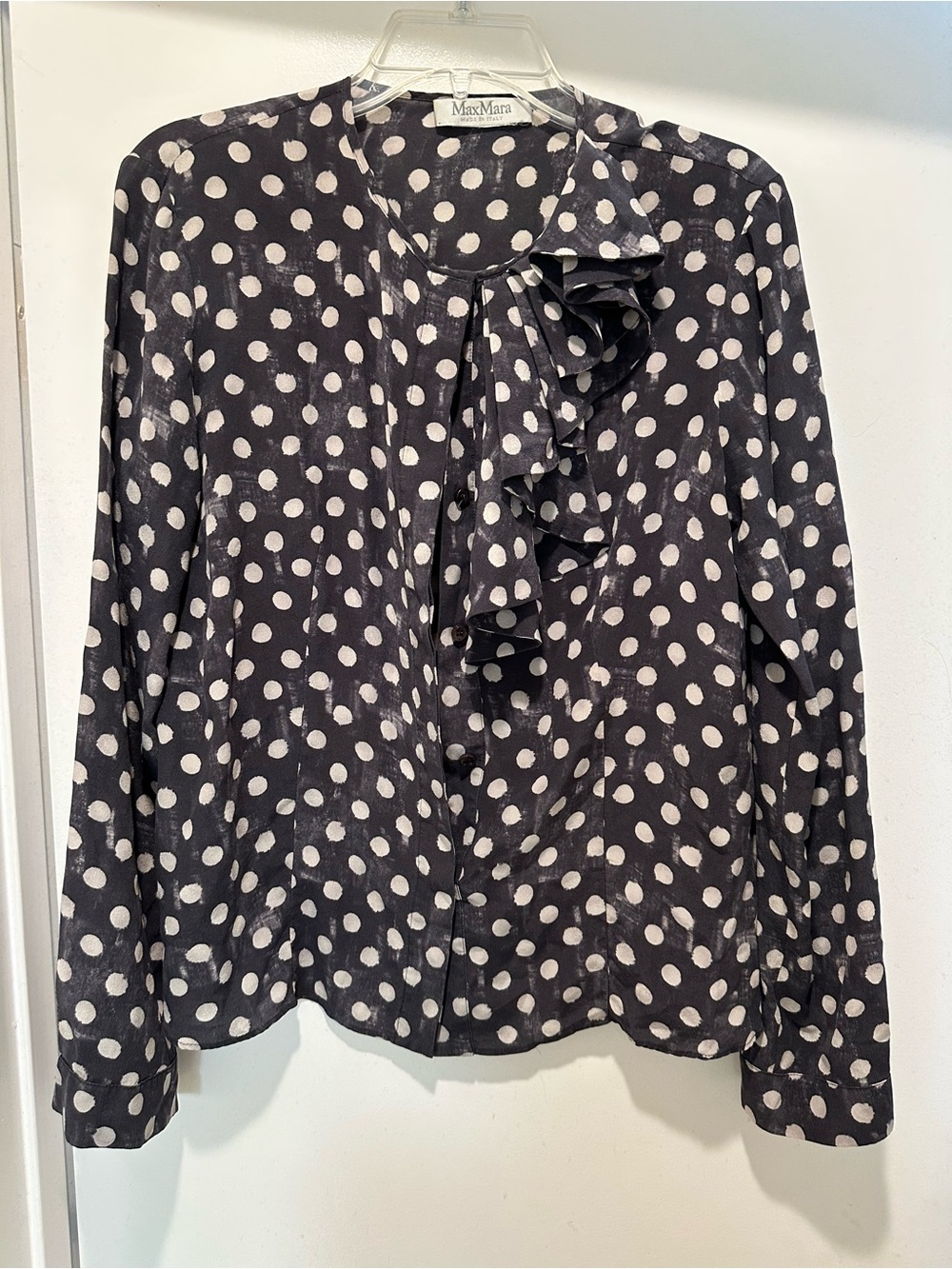 MaxMara Black Polka Dot Ruffle-Front Blouse